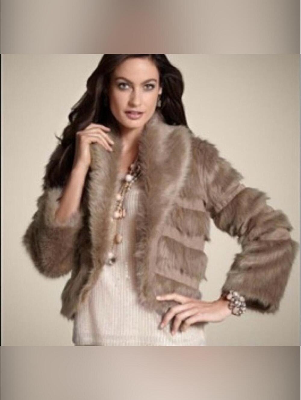 CHICOS Bolero Faux Suede Fur Jacket Burlywood Brown Size 2 Lg